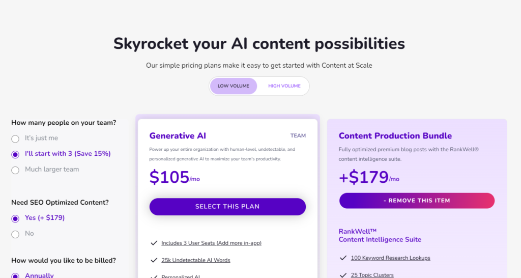 ContentAtScale AI Content Detector pricing low volume